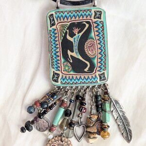 Vtg Southwestern Ceramic & Sterling Silver Beads Stones Charms Pendant Necklace
